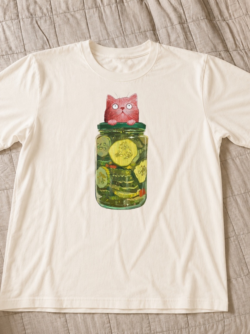 Off White Tee with Pink Cat & Green Jar Graphic